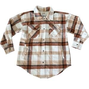 Fornia Women's White Brown‎ Plaid Flannel Shacket Snap Front Long Jacket - Small